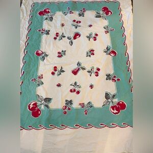 1950'S VINTAGE TABLECLOTH BLUE TURQUOISE RED FRUIT 70.5x52